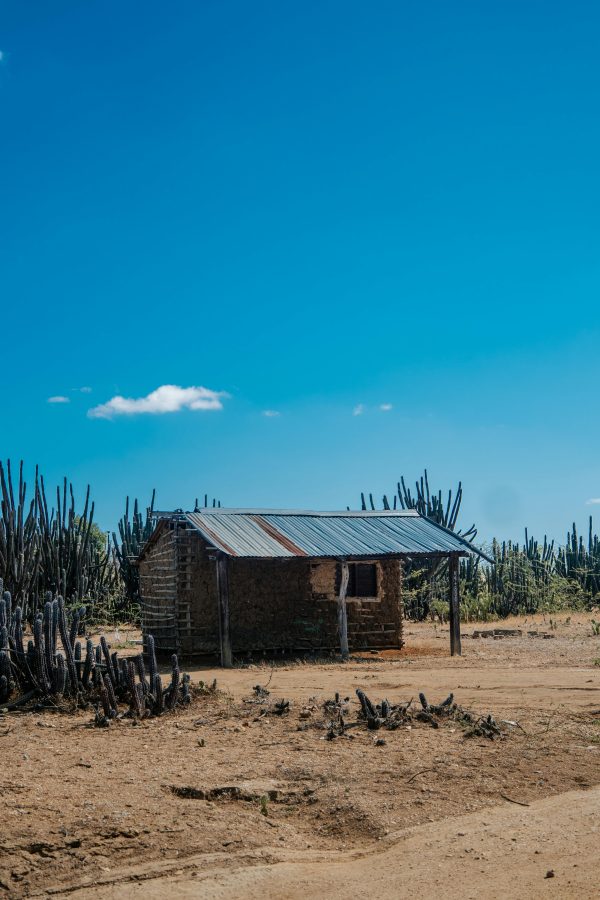 Solitary rustic cabin under blue sky in La Guajira desert, Colombia.